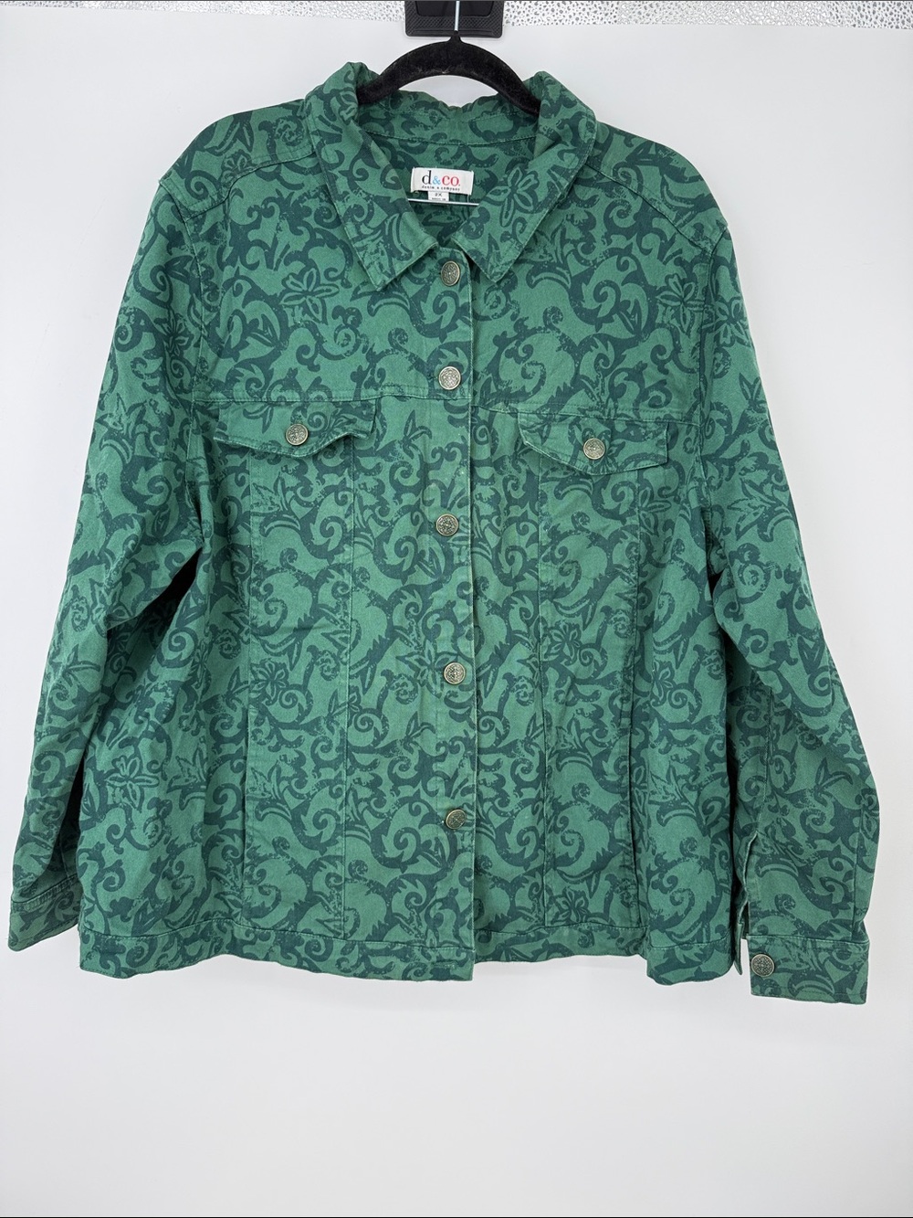 Denim & Co. Scroll Print Stretch Twill Denim Jacket Green 2X